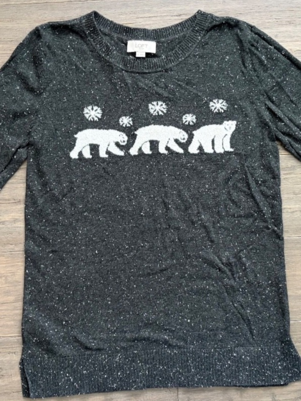 LOFT Polar Bear Snowflake Sweater Womens Small Black White Cozy Lightweight Knit